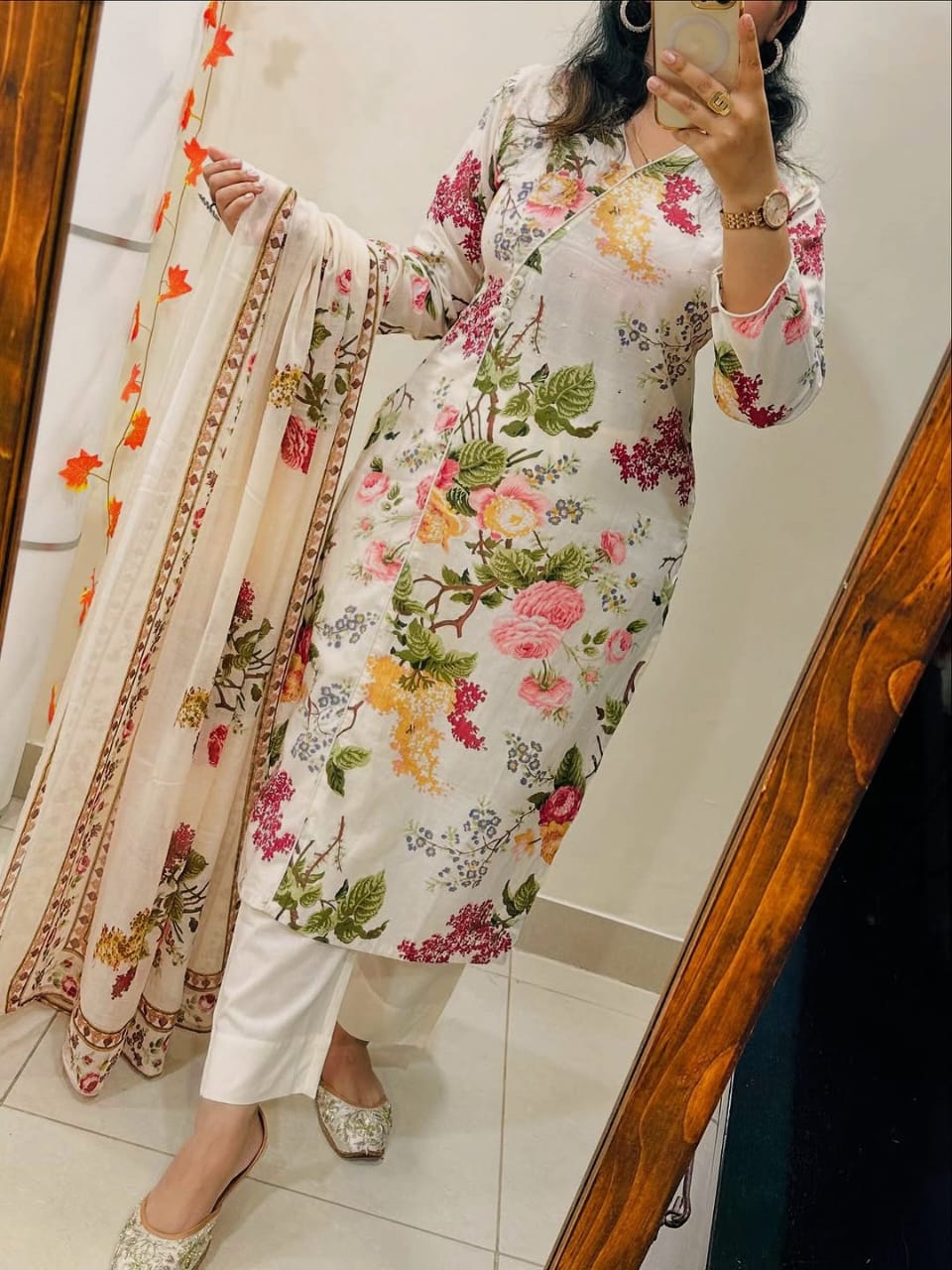 Pure Cotton Floral Printed Kurta Pant Set with Mulmul Dupatta for Women