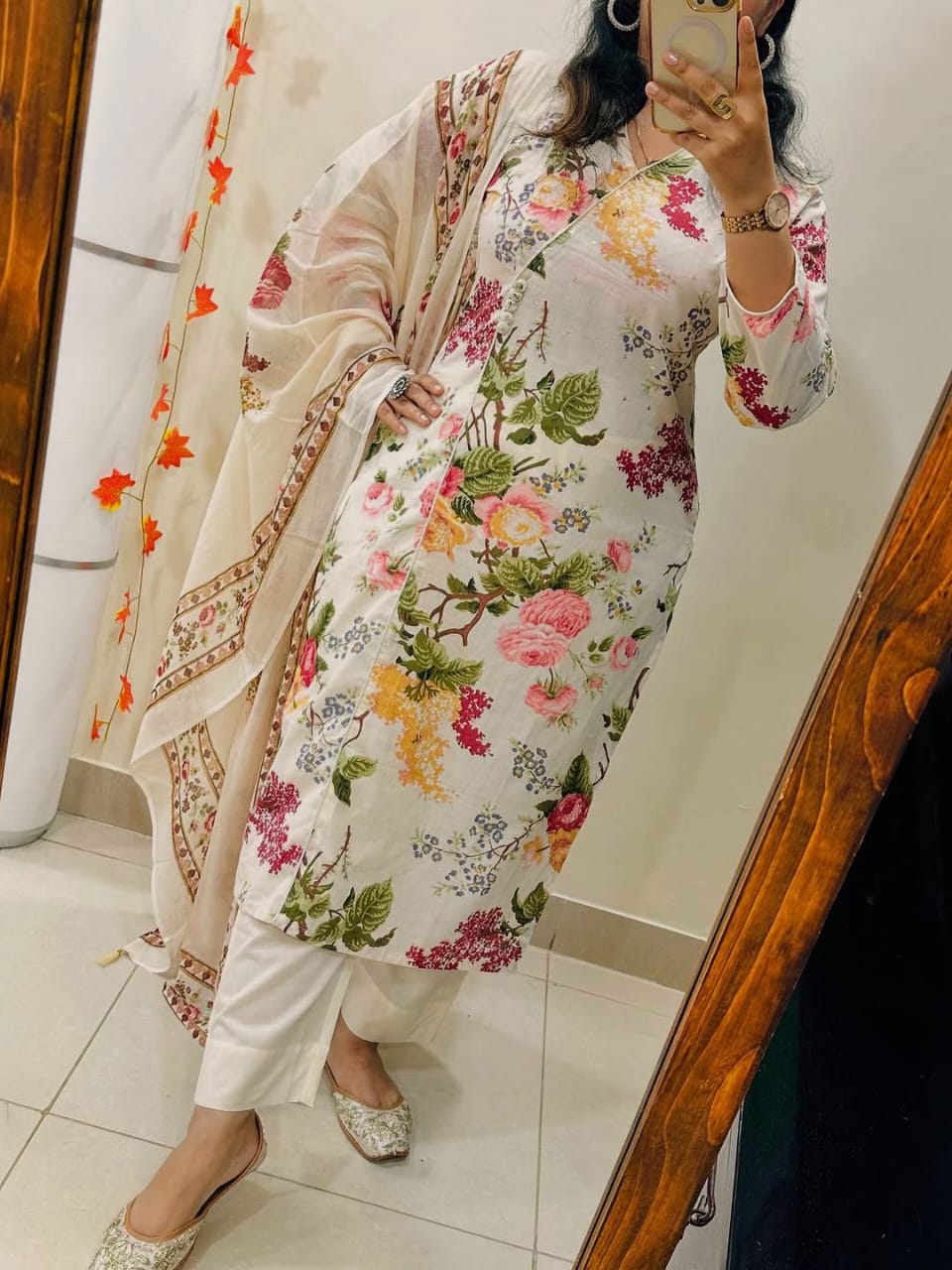 Pure Cotton Floral Printed Kurta Pant Set with Mulmul Dupatta for Women