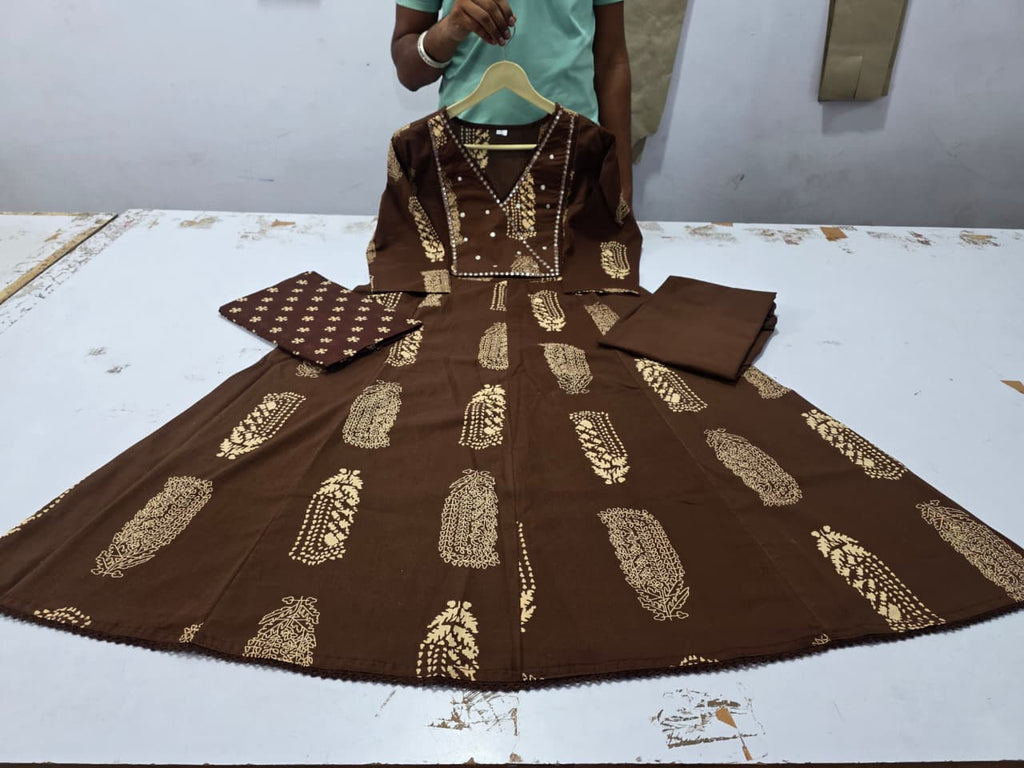 Brown Cotton Angrakha Anarkali Kurta Set with Dupatta | Heavy Hand Work Ethnic Wear