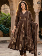 Brown Cotton Angrakha Anarkali Kurta Set with Dupatta | Heavy Hand Work Ethnic Wear