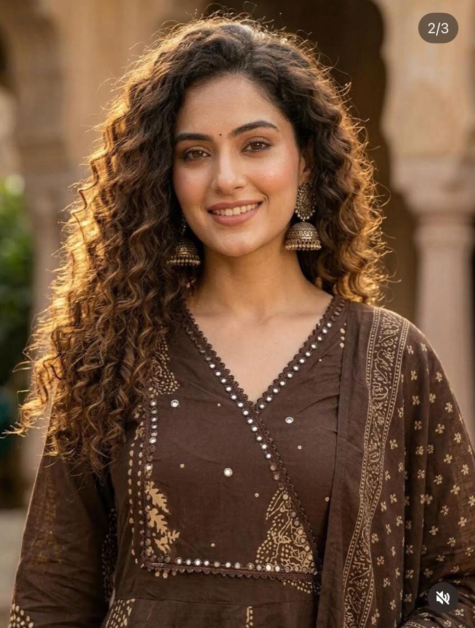 Brown Cotton Angrakha Anarkali Kurta Set with Dupatta | Heavy Hand Work Ethnic Wear