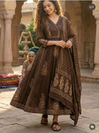 Brown Cotton Angrakha Anarkali Kurta Set with Dupatta | Heavy Hand Work Ethnic Wear