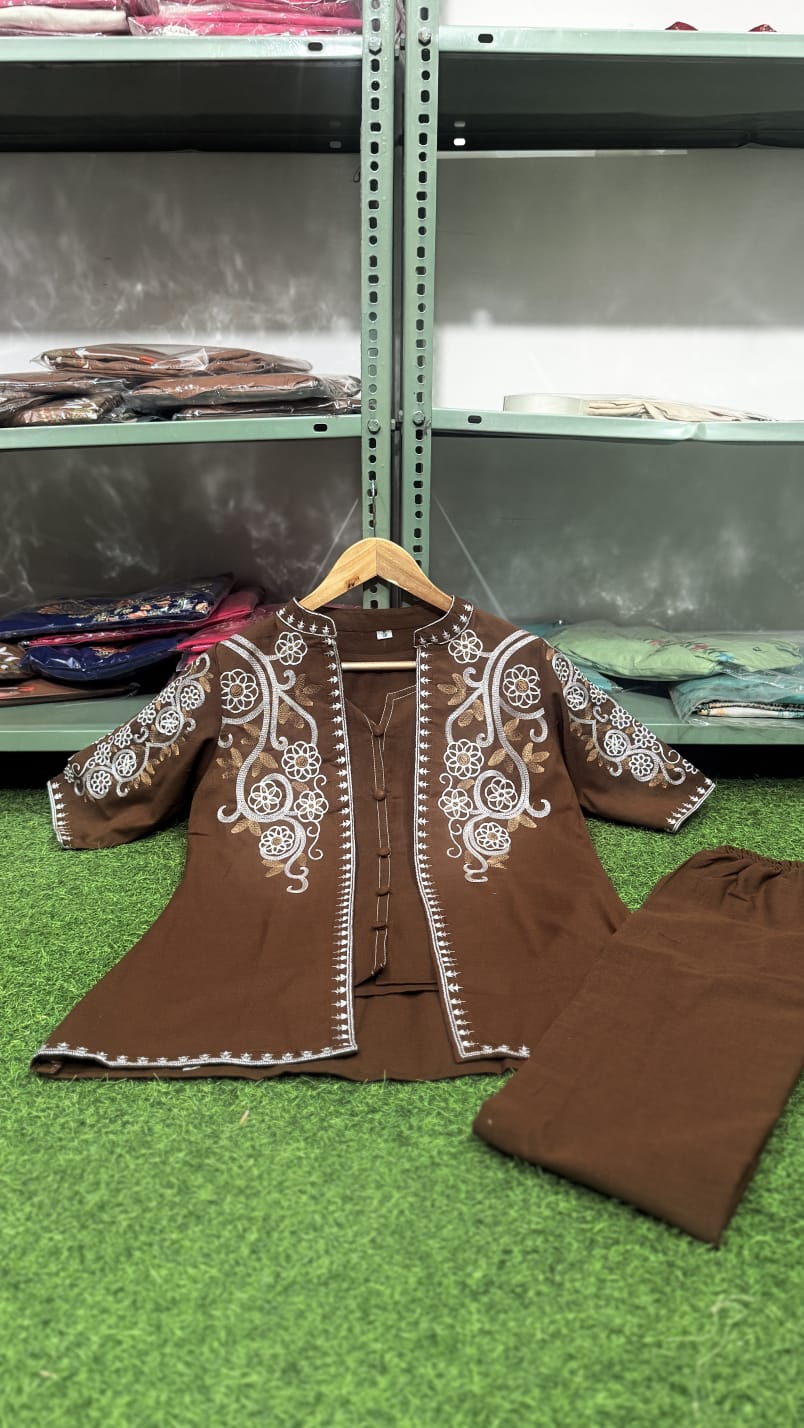 Brown Cotton Flex Embroidered Co-Ord Set for Women | Designer Jacket Style Outfit
