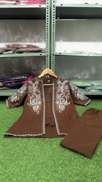 Brown Cotton Flex Embroidered Co-Ord Set for Women | Designer Jacket Style Outfit
