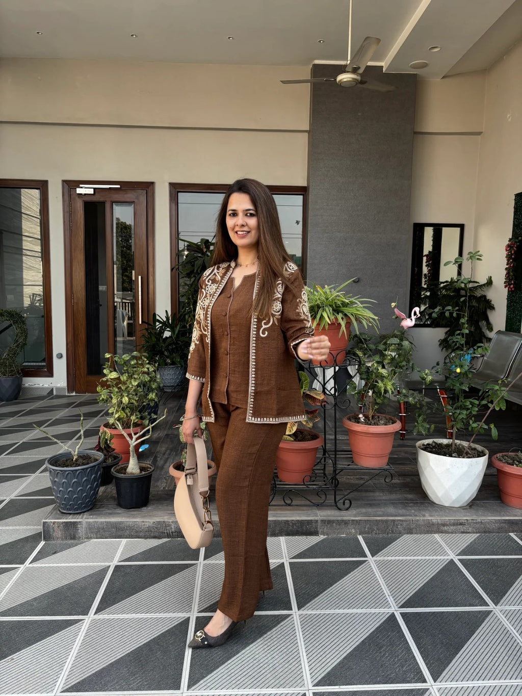 Brown Cotton Flex Embroidered Co-Ord Set for Women | Designer Jacket Style Outfit