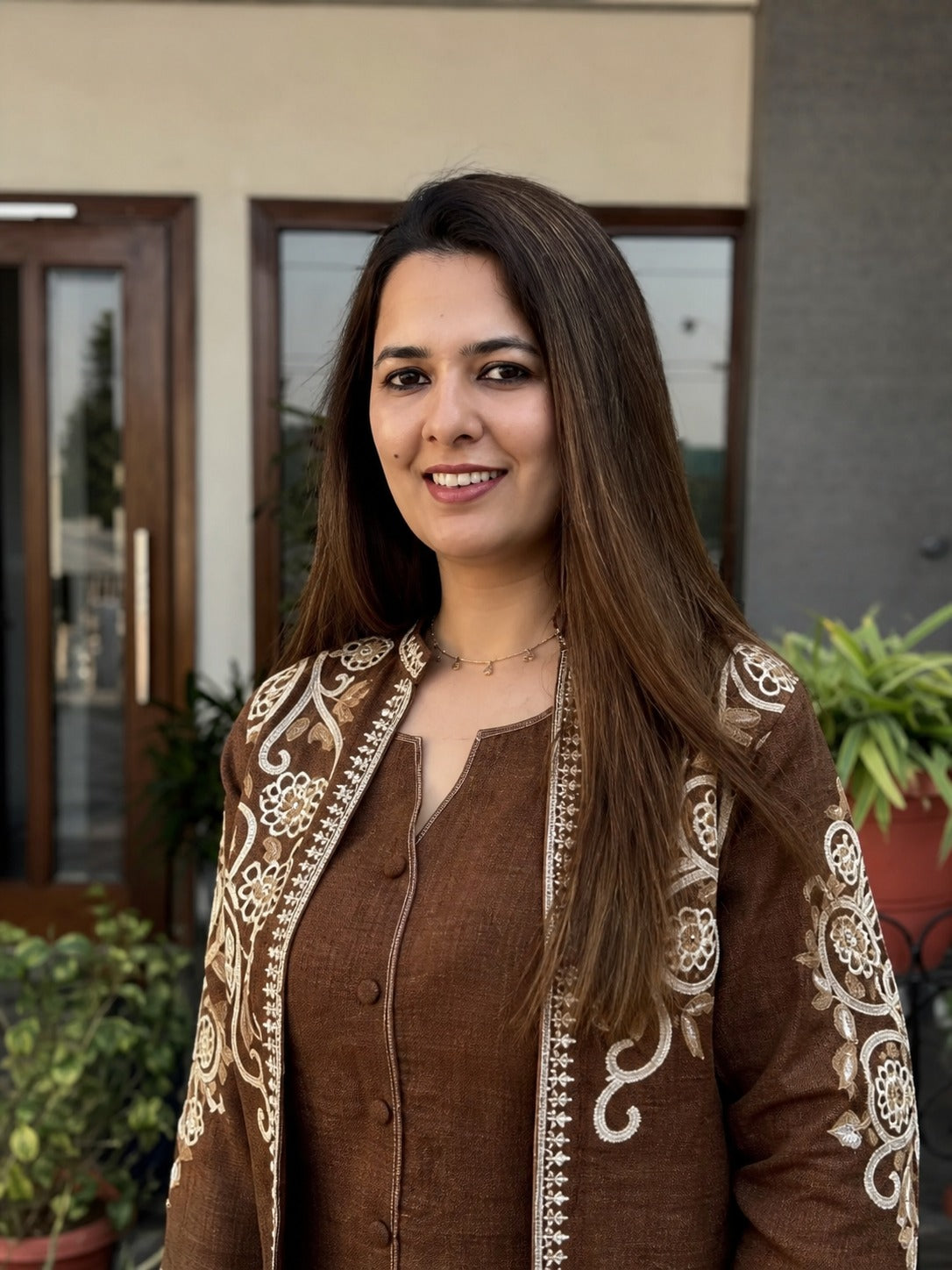 Brown Cotton Flex Embroidered Co-Ord Set for Women | Designer Jacket Style Outfit