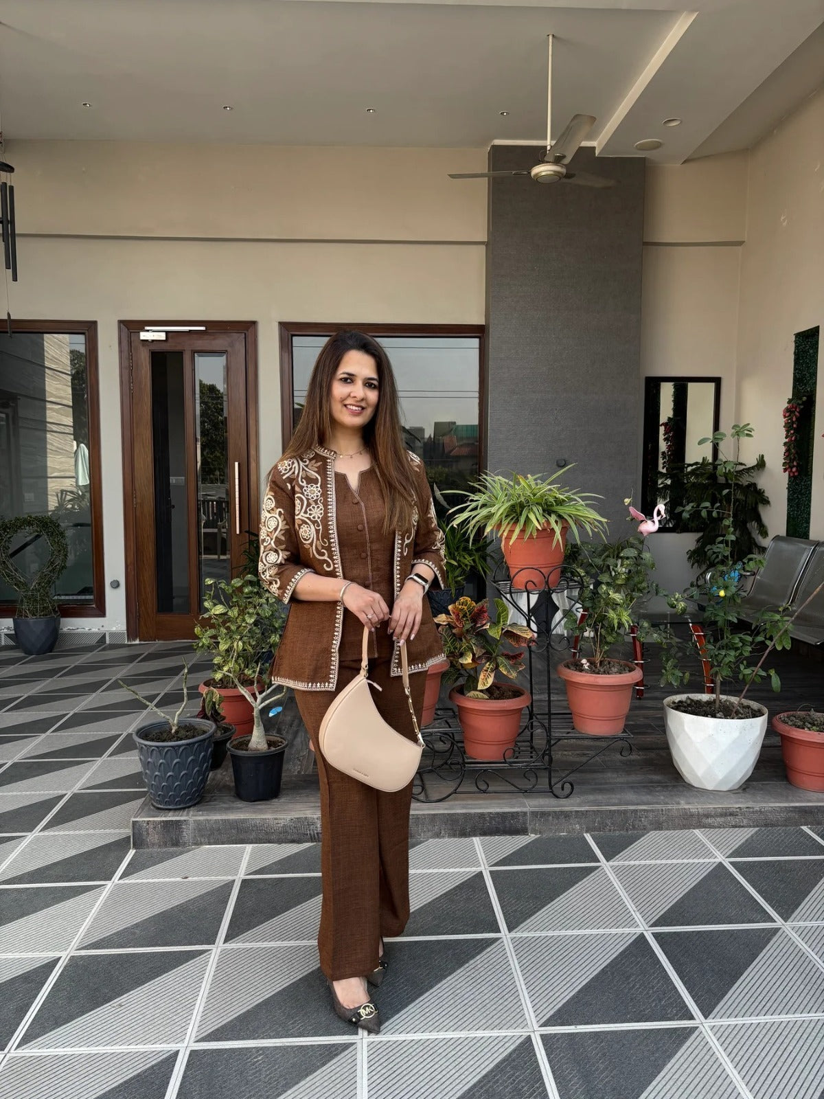 Brown Cotton Flex Embroidered Co-Ord Set for Women | Designer Jacket Style Outfit