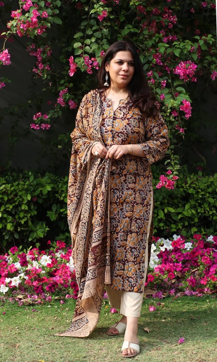 Women’s Cotton Printed Kurta Set with Dupatta | Maroon Floral Ethnic Suit Set