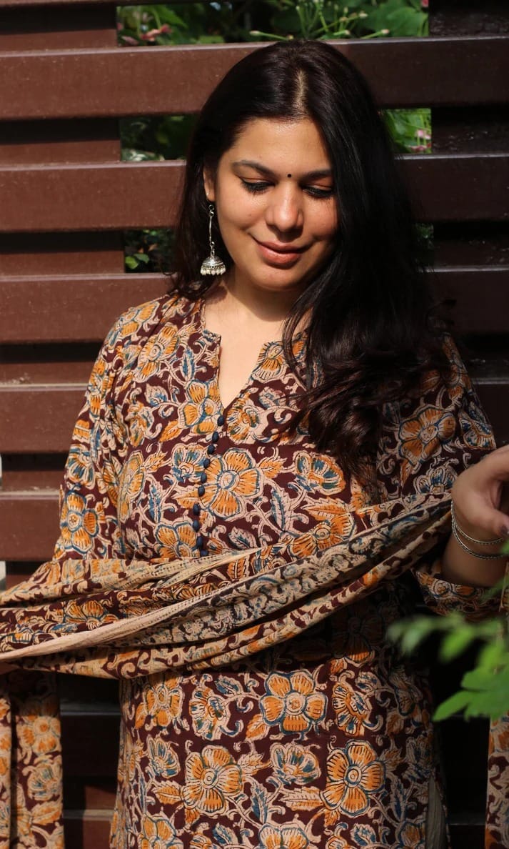 Women’s Cotton Printed Kurta Set with Dupatta | Maroon Floral Ethnic Suit Set