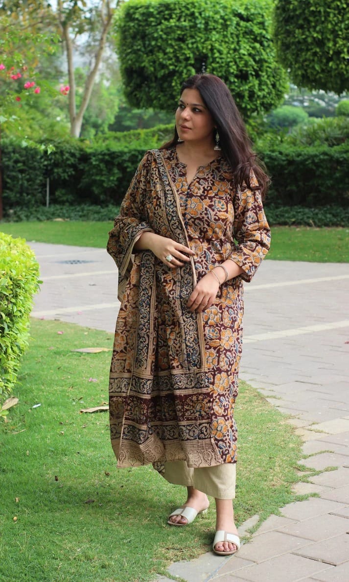 Women’s Cotton Printed Kurta Set with Dupatta | Maroon Floral Ethnic Suit Set
