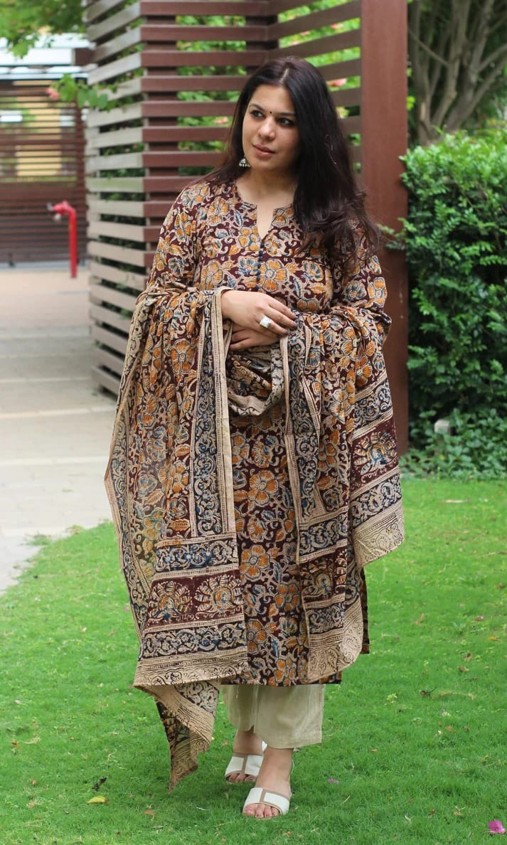 Women’s Cotton Printed Kurta Set with Dupatta | Maroon Floral Ethnic Suit Set