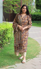 Women’s Cotton Printed Kurta Set with Dupatta | Maroon Floral Ethnic Suit Set
