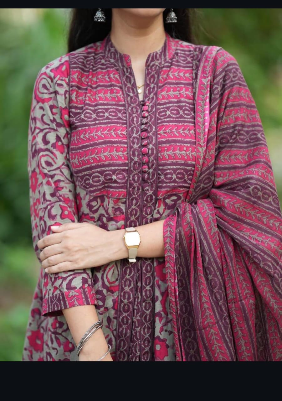 Women’s Printed Cotton Anarkali Kurta Pant Dupatta Set | Full Sleeve Flared Suit
