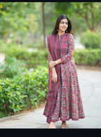 Women’s Printed Cotton Anarkali Kurta Pant Dupatta Set | Full Sleeve Flared Suit