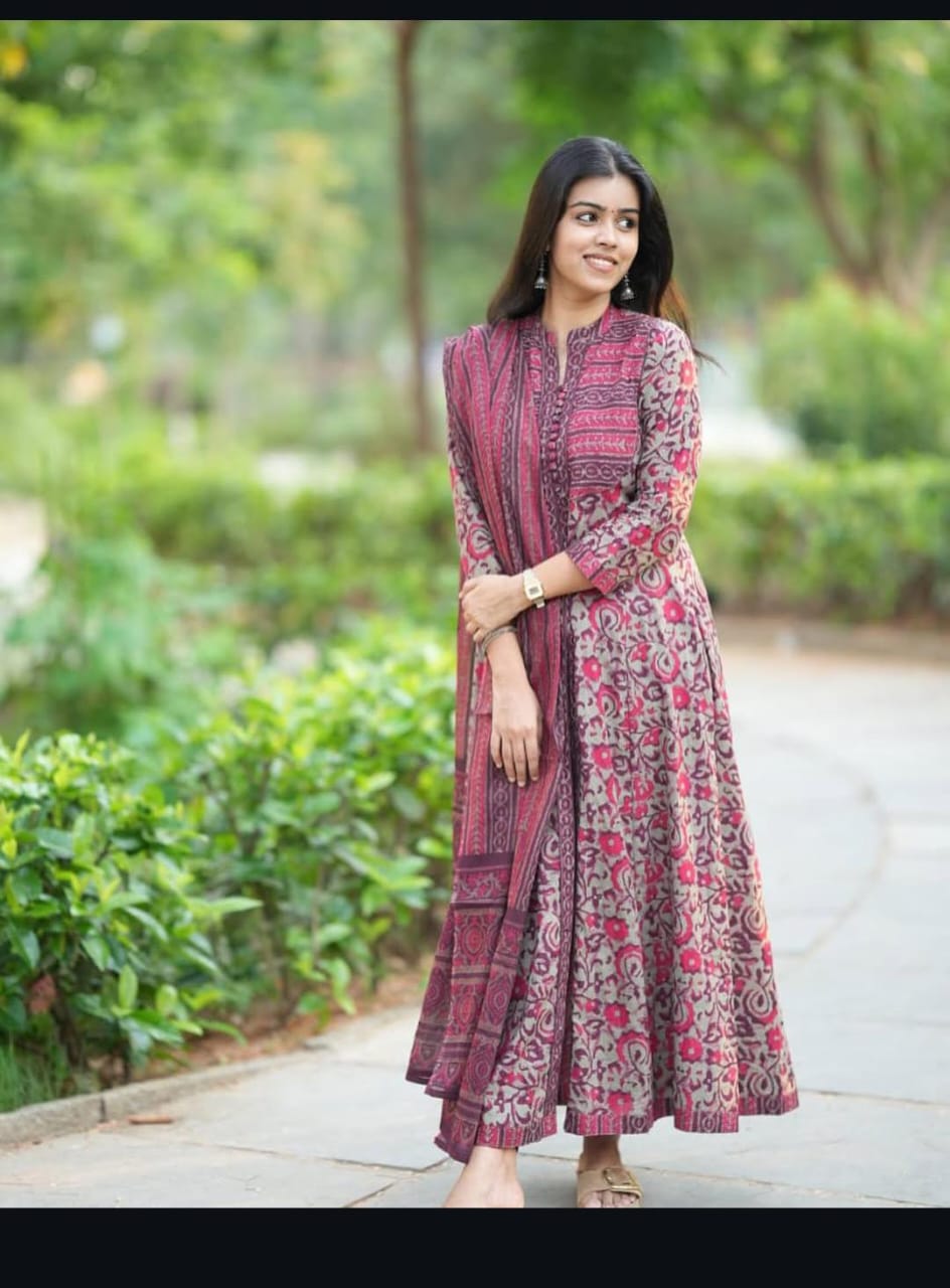 Women’s Printed Cotton Anarkali Kurta Pant Dupatta Set | Full Sleeve Flared Suit