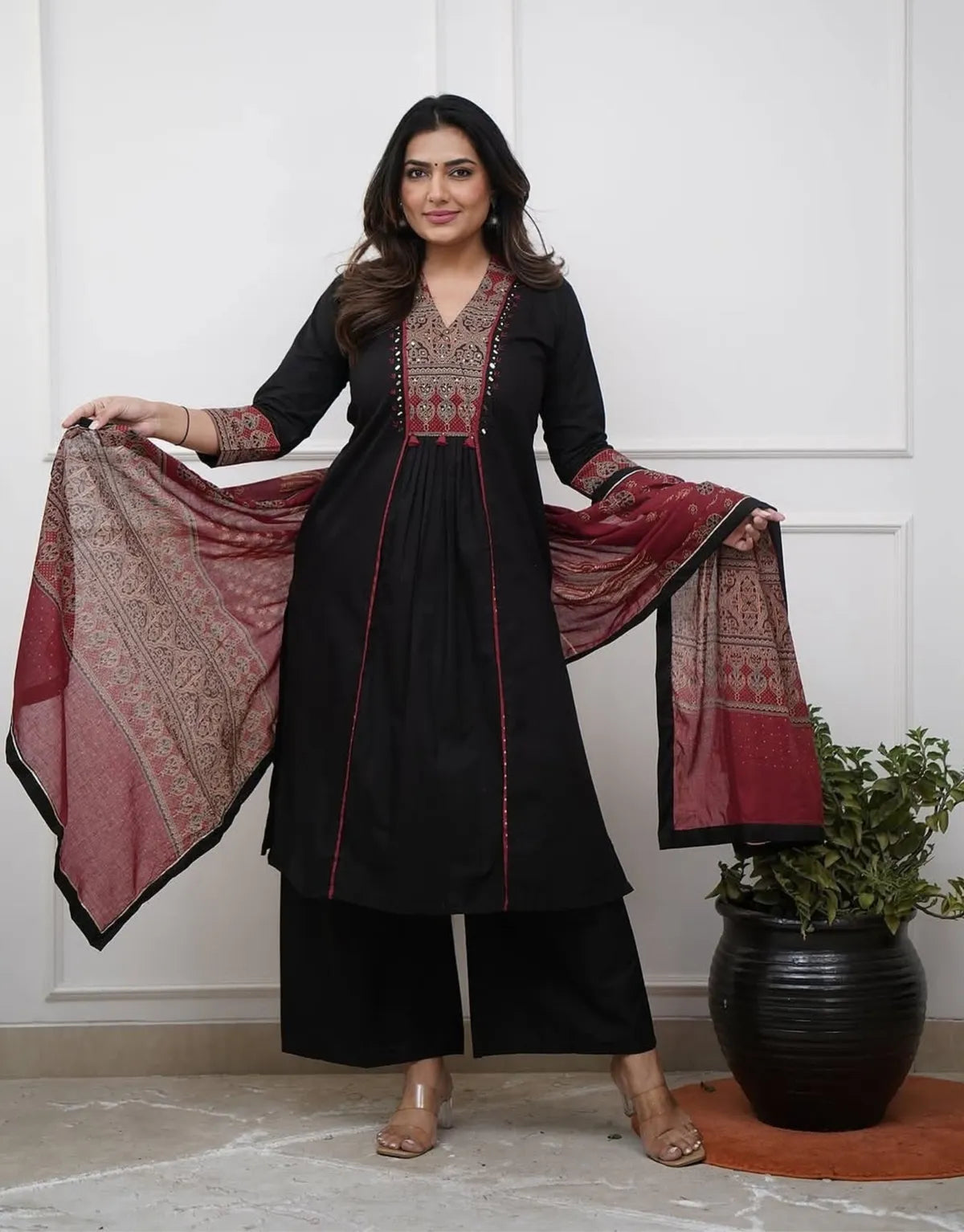 Black & Maroon Ruhani Ajrakh Mirror Work Kurta Set