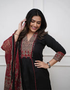 Black & Maroon Ruhani Ajrakh Mirror Work Kurta Set