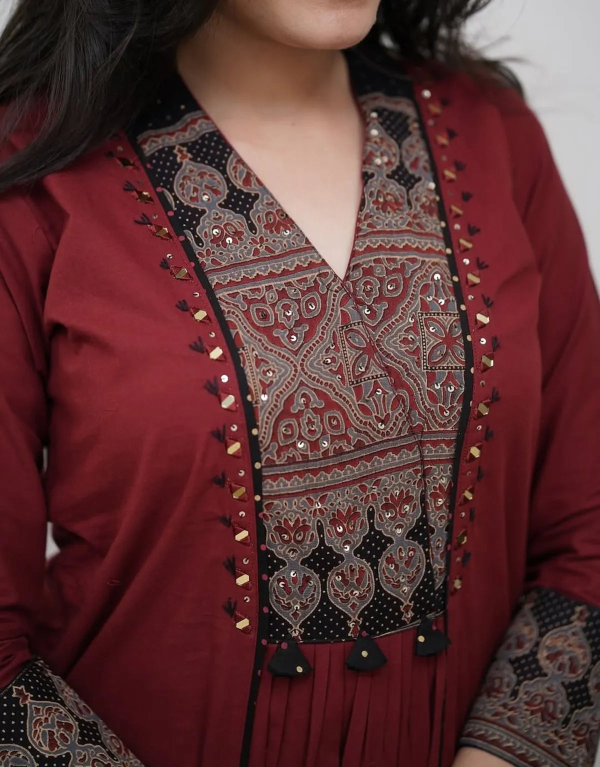 Maroon Ruhani Ajrakh Embroidered Kurta Set