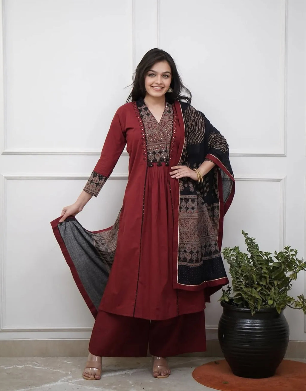 Maroon Ruhani Ajrakh Embroidered Kurta Set