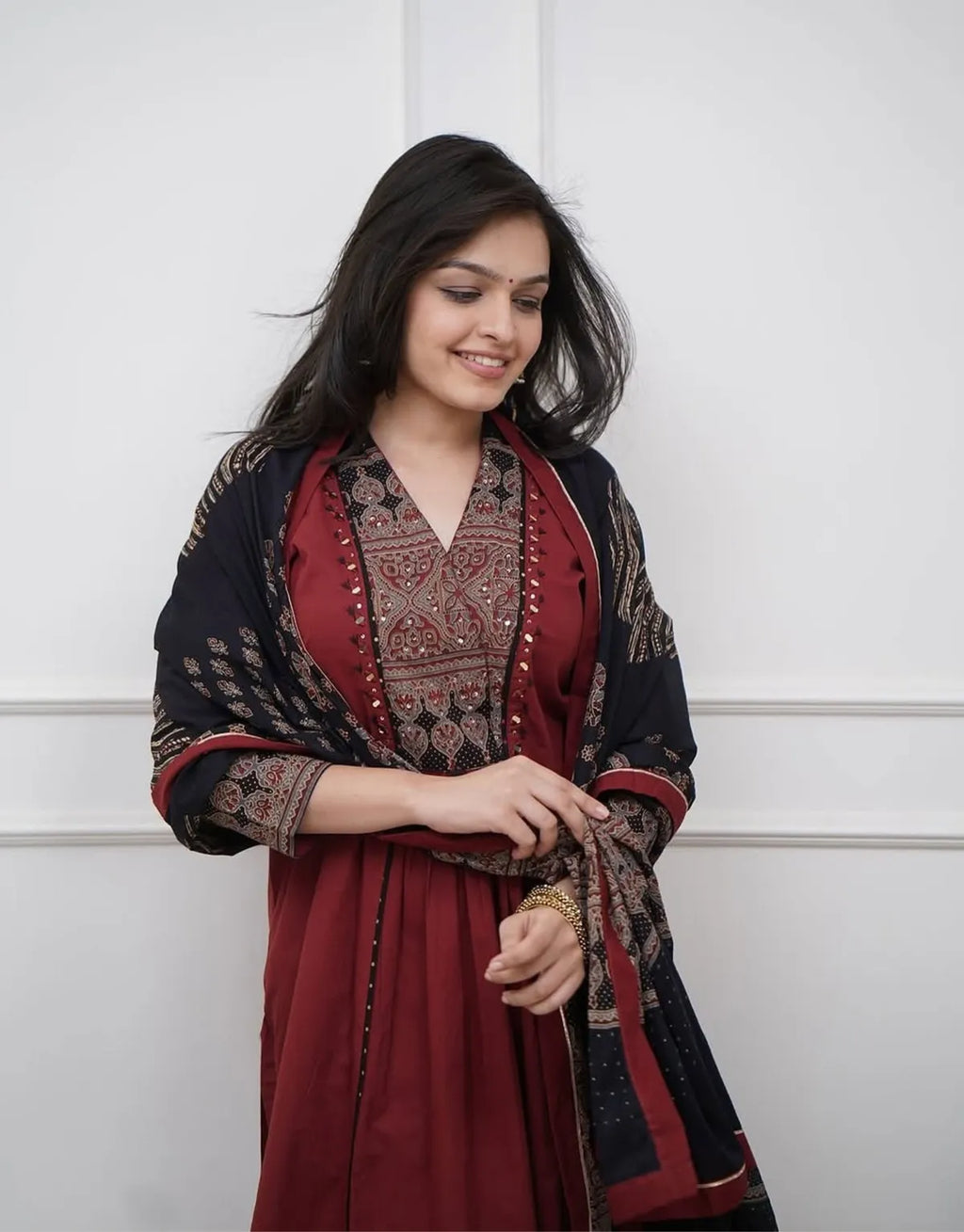 Maroon Ruhani Ajrakh Embroidered Kurta Set