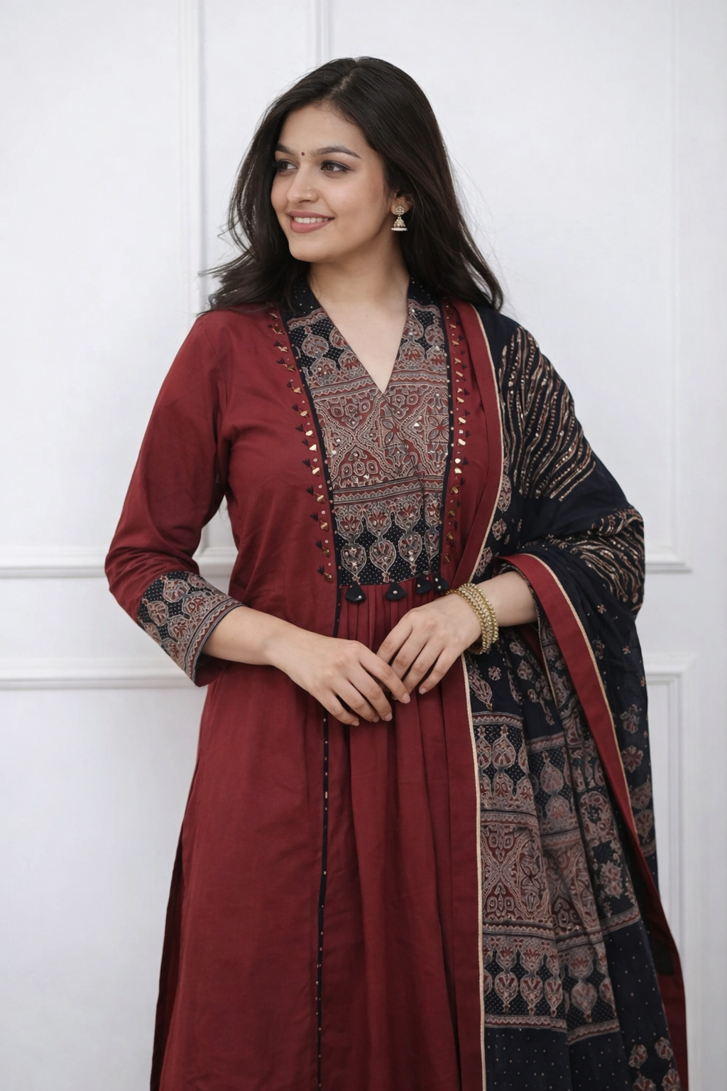 Maroon Ruhani Ajrakh Embroidered Kurta Set