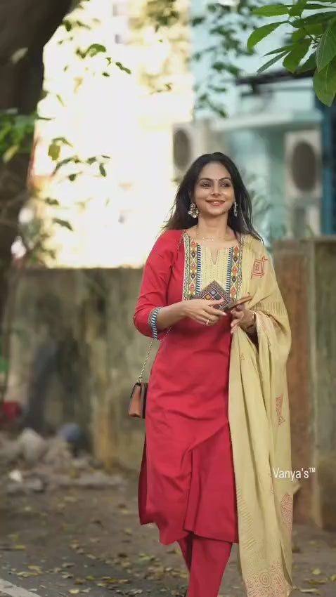 Kutch Kala Red Cotton Suit Set with Hand Block Dupatta