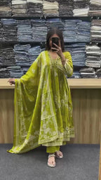 Indigo Noor Mirror Embroidered Anarkali Kurti Palazzo Dupatta Set