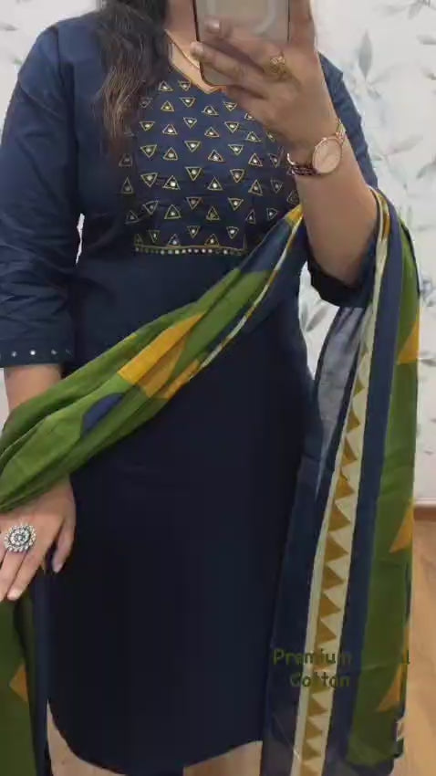 Royal Indigo Mirror Work Cotton Kurti Set