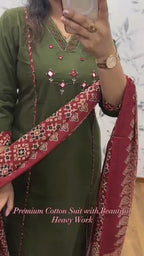 Olive Green Embroidered Cotton Kurta Set with Floral Print Dupatta