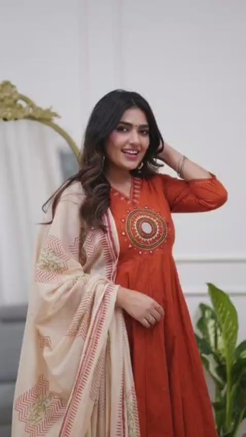 Rust Aura Embroidered Kurti Pant Set with Dupatta